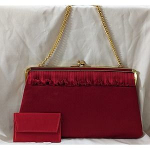 Vintage Red Satin Ruffle 10" Clutch Gold Hardware Acorn Closure & Coin Purse JL